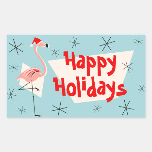 Pegatina Rectangular Flamingo Santas Blue Happy Holidays rectángulo