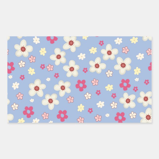 Pegatina Rectangular fleurs printanières sur fond bleu (Anverso)