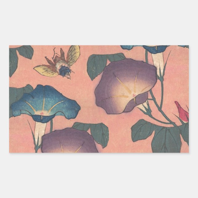 Pegatina Rectangular Flor de abeja rosa Arte Clásico Hokusai (Anverso)
