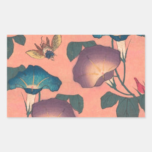 Pegatina Rectangular Flor de abeja rosa Clásica Hokusai Art