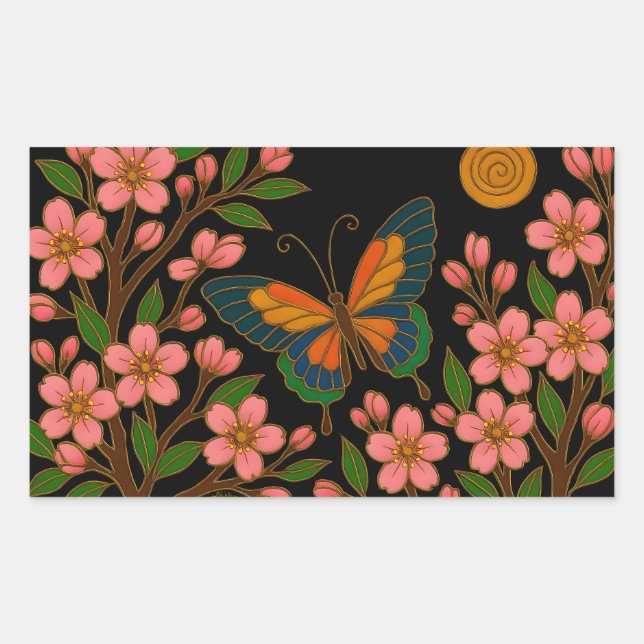 Pegatina Rectangular Flor de Cerezo Luna Mariposa (Anverso)