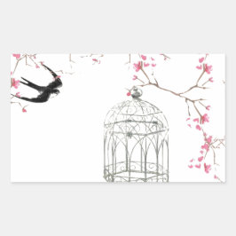 Pegatina Rectangular Flor de cerezo, pájaro, jaula de aves - original,