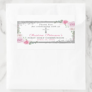 Pegatina Rectangular Flora rosa plateada Primera Santa Comunión Gracias