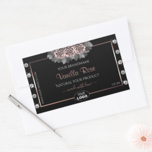 Pegatina Rectangular Floral Black Rosa Gold Product Labels Logotipo Jew