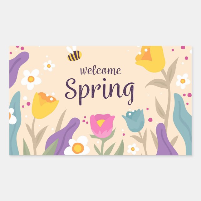 Pegatina Rectangular Floral de primavera de bienvenida (Anverso)