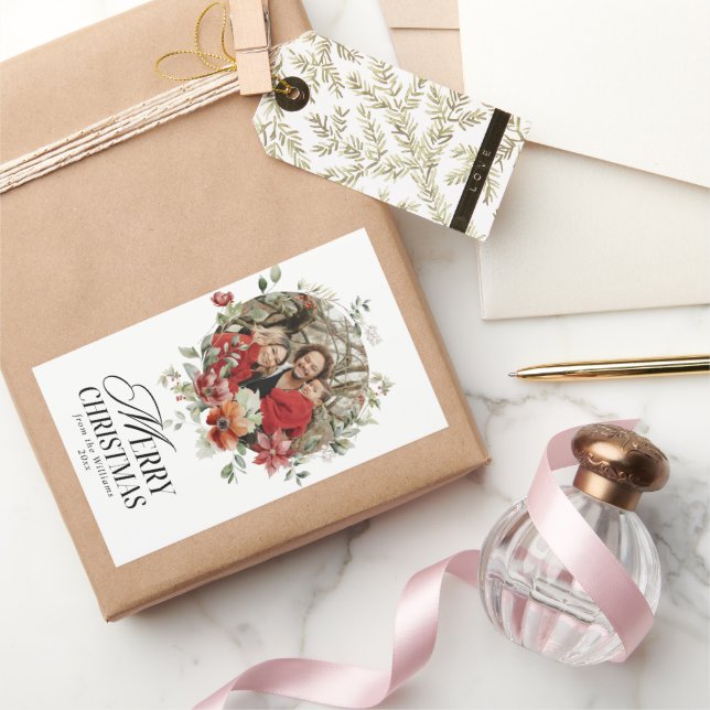 Pegatina Rectangular Floral Elegante acuarela Merry Fotos de Navidad (Regalar)