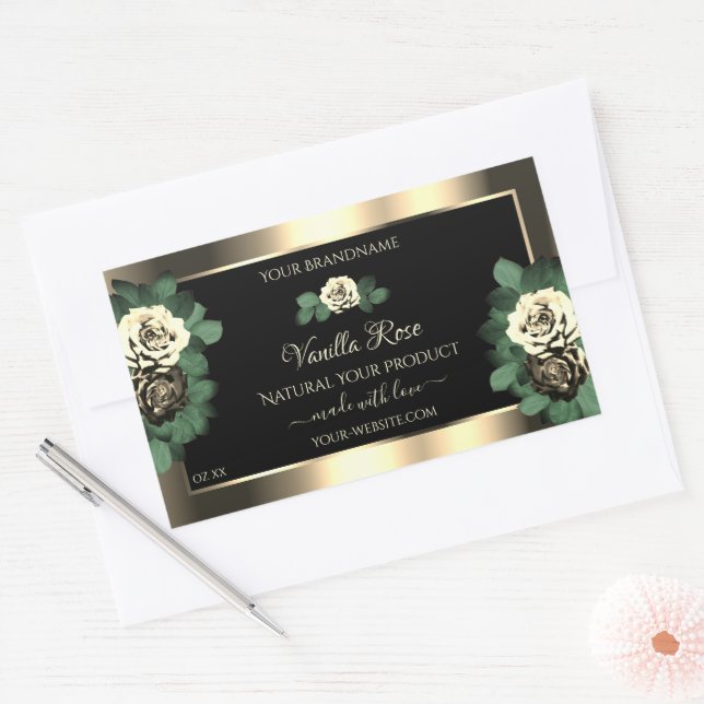 Pegatina Rectangular Floral Gold Black Product Labs Green Cream Rosas (Sobre)