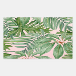 Pegatina Rectangular Floral tropical de hojas de palmera rosadas simple