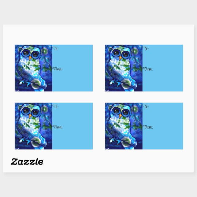 Pegatina Rectangular Floral verde azul de búho abstracto caprichoso (Hoja)