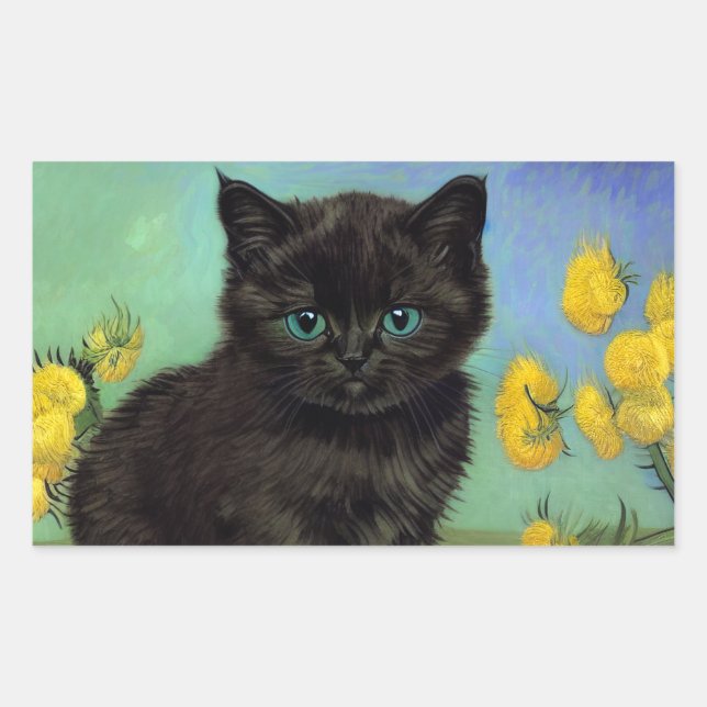 Pegatina Rectangular Flores amarillas de gato negro Van Gogh (Anverso)