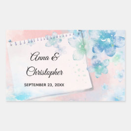 Pegatina Rectangular Flores azules de bonito en Boda de fondo rosado