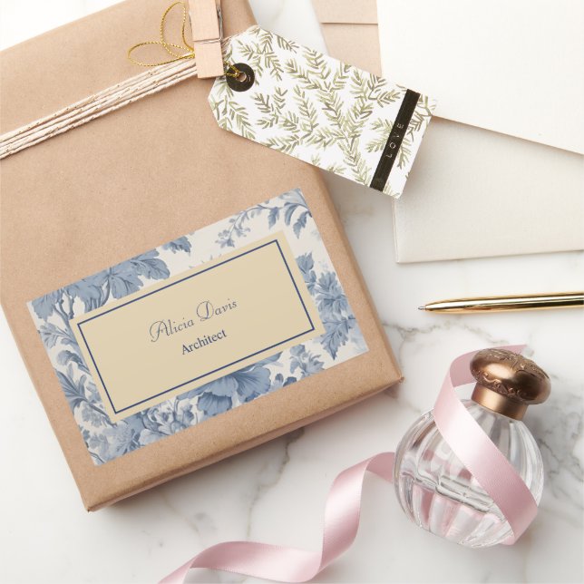 Pegatina Rectangular Flores azules Toile de Jouy tu nombre (Regalar)