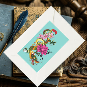 Pegatina Rectangular Flores de cerezo de Lotus en el Dragon Chino