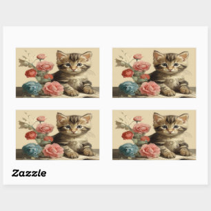 Pegatina Rectangular Flores de color blandas de retrato de gatito blanc
