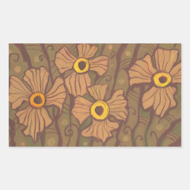Pegatina Rectangular Flores de ojos amarillos, arte floral, marrón verd (Anverso)