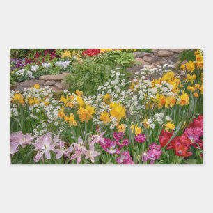 Pegatina Rectangular Flores de primavera coloridas en plena floración