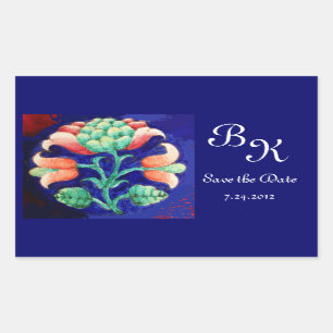 PEGATINA RECTANGULAR FLORES ESTILIZADOS,MONOGRAMA DE FLORES AZULES ROJO