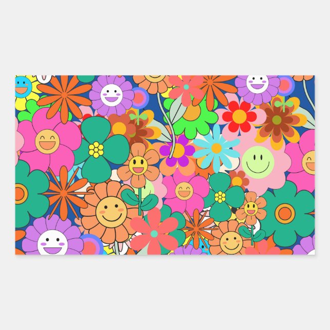 Pegatina Rectangular Flores Hippie Retro Groovy Boho (Anverso)