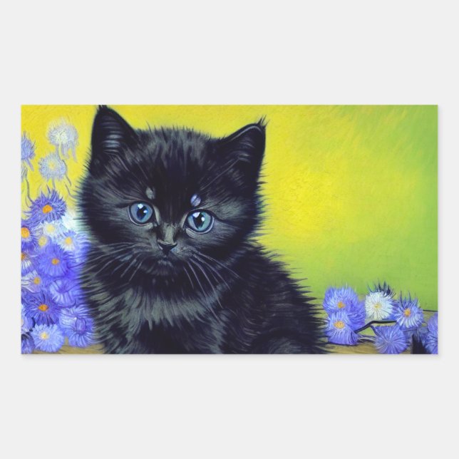 Pegatina Rectangular Flores moradas de gato negro Van Gogh (Anverso)