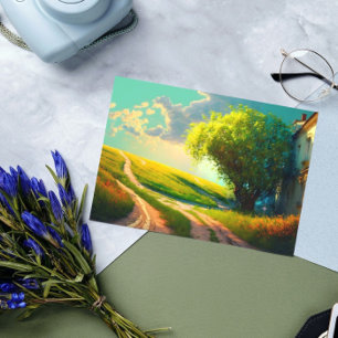 Pegatina Rectangular Flores praderas paisaje arte verano trenzado