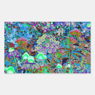 Pegatina Rectangular Flores psicodélicas moradas y verdes del jardín li
