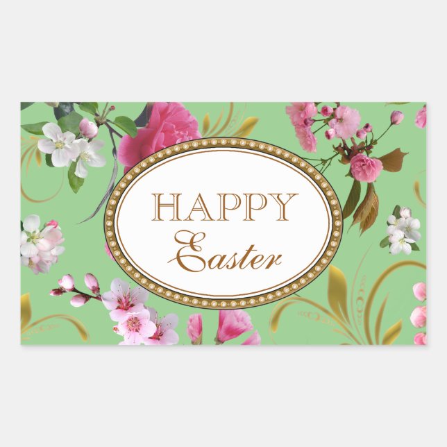Pegatina Rectangular Flores rosas felices de Pascua (Anverso)