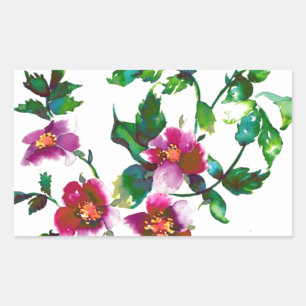 Pegatina Rectangular Flores silvestres elegantes modernas acuarela rosa