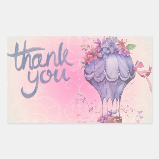 Pegatina Rectangular flores y globo de aire caliente gracias (Anverso)