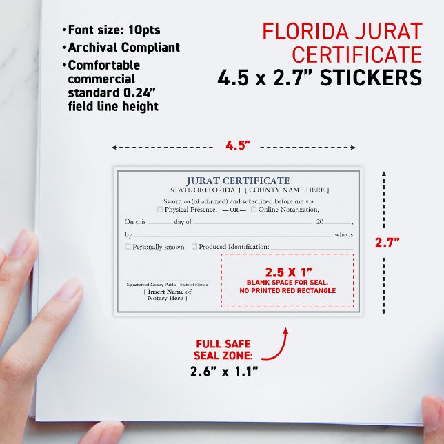 Pegatina Rectangular FLORIDA Certificado de Juramento Notarial Document (FLORIDA Notary Jurat Certificate Document 4.5x2.7" Rectangular Stickers, matte finish)