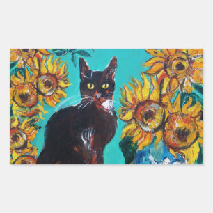 PEGATINA RECTANGULAR FLUJOS CON GATO NEGRO EN TURQUÍA AZUL