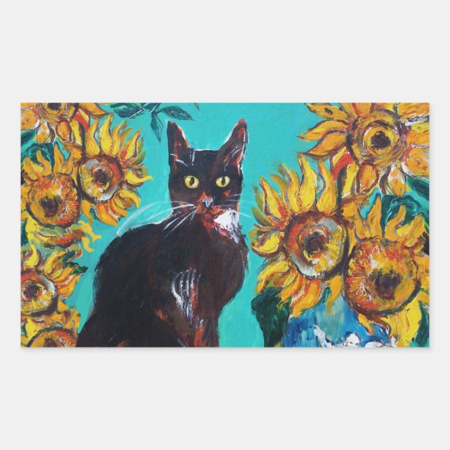 PEGATINA RECTANGULAR FLUJOS CON GATO NEGRO EN TURQUÍA AZUL (Anverso)