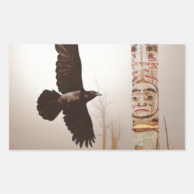 Pegatina Rectangular Flying Raven & Totem-Pole Fantasy Art (Anverso)