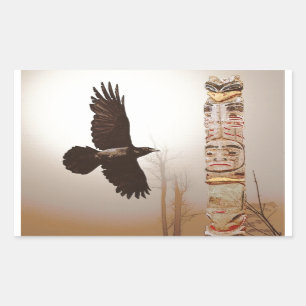 Pegatina Rectangular Flying Raven & Totem-Pole Fantasy Art