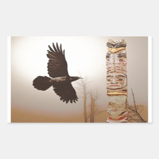 Pegatina Rectangular Flying Raven & Totem-Pole Fantasy Art