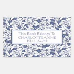 Pegatina Rectangular Folletos florales en azul y gris preppy