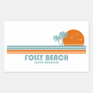 Pegatina Rectangular Folly Beach South Carolina Sun Palm Trees