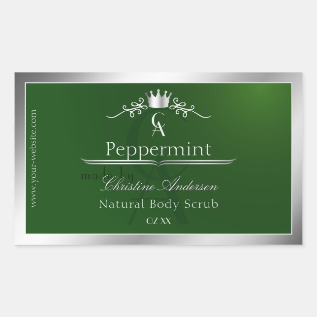 Pegatina Rectangular Forest Green Product Label Silver Frame Monogram (Anverso)