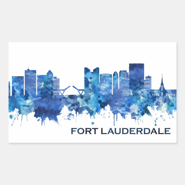 Pegatina Rectangular Fort Lauderdale Florida Skyline Blue (Anverso)