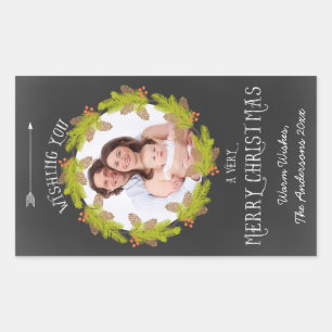 Pegatina Rectangular Foto de Chalkboard Pine Wreath Holiday