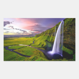 Pegatina Rectangular Foto de la cascada islandesa verde naturaleza
