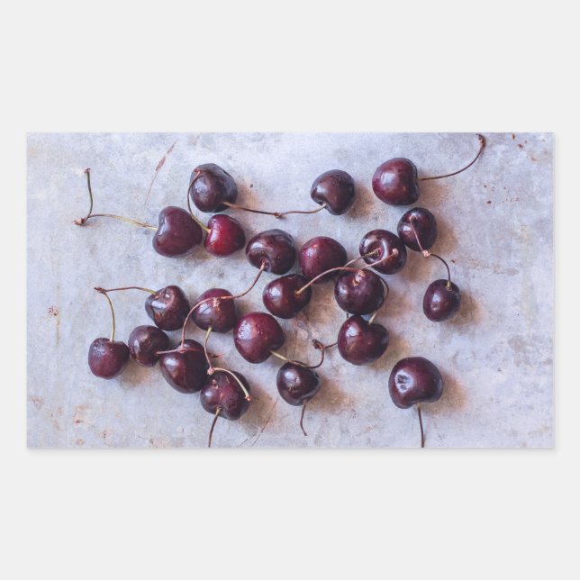 Pegatina Rectangular Fotografía de Cerezas Rojas Frescas (Anverso)