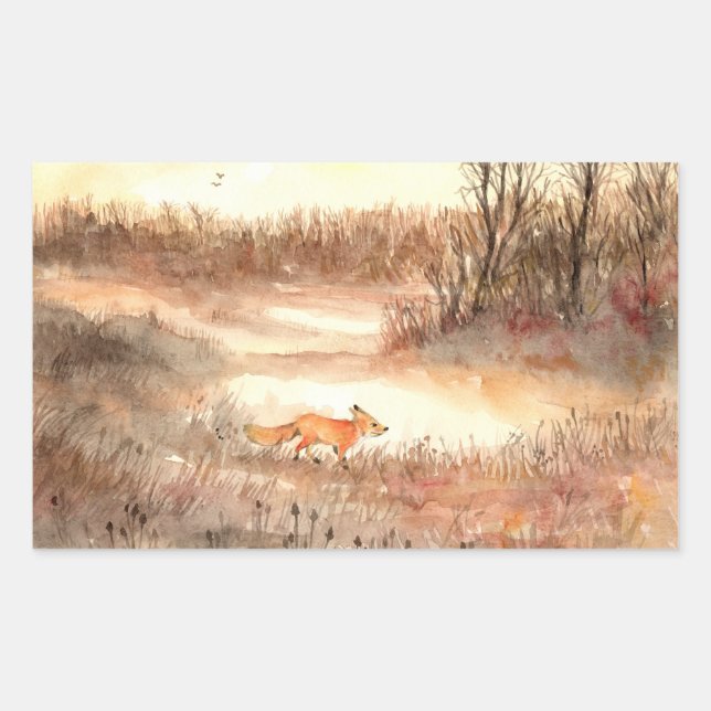 Pegatina Rectangular Fox cruzando el campo (Anverso)