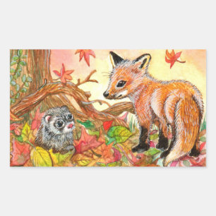 Pegatina Rectangular Fox y Ferret en hojas de otoño