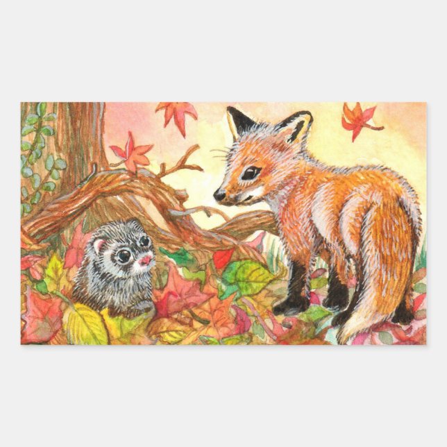 Pegatina Rectangular Fox y Ferret en hojas de otoño (Anverso)