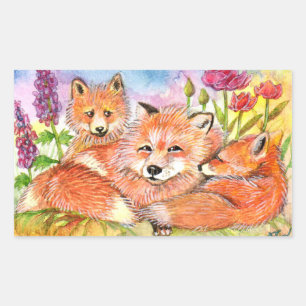 Pegatina Rectangular Foxes en el parche de flores