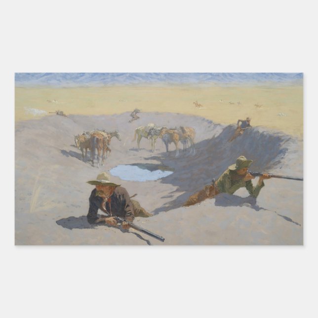Pegatina Rectangular Frederic Remington - Lucha por el agujero de agua (Anverso)