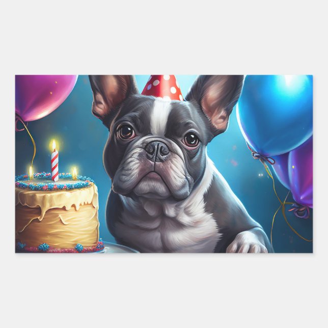 Pegatina Rectangular Frenchie Birthday Bash: Un lindo Bulldog francés (Anverso)