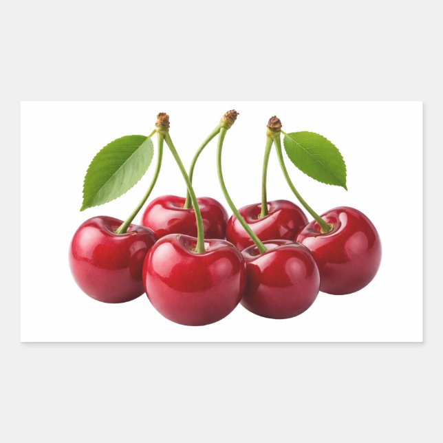 Pegatina Rectangular Fresh Red Cherries With Green Leaves Sticker (Anverso)