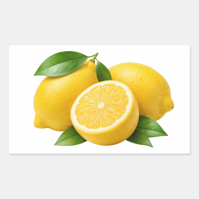 Pegatina Rectangular Fresh Yellow Lemons with Green Leaves Sticker (Anverso)