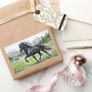 Pegatina Rectangular Freydis Black Horse en paisaje nórdico